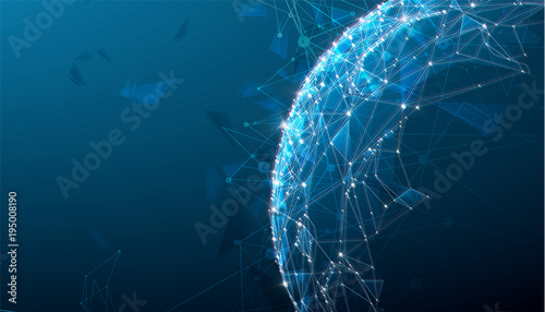 Low polygonal design, futuristic space or data and technology concept, 3d vector illustration with virtual reality effect, abstract tech background.