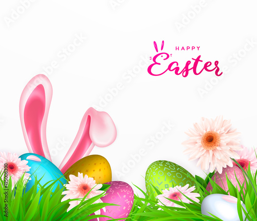 Happy Easter background, trendy pattern with Egg Hunt, rabbit ears. Spring holiday flyers, banners, posters and templates design. Vector illustration.