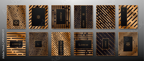 	 Vector set of abstract templates, luxury gold design, trendy linear style. Abstract gradients backgrounds, black, copper and gold geometric collection.