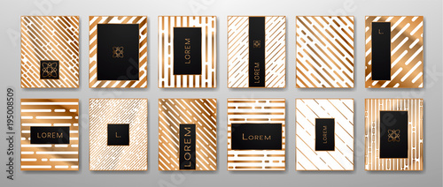 	 Vector set of abstract templates, luxury gold design, trendy linear style. Abstract gradients backgrounds, black, copper and gold geometric collection.