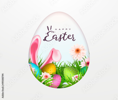 Happy Easter background, trendy pattern with Egg Hunt, rabbit ears. Spring holiday flyers, banners, posters and templates design. Vector illustration.