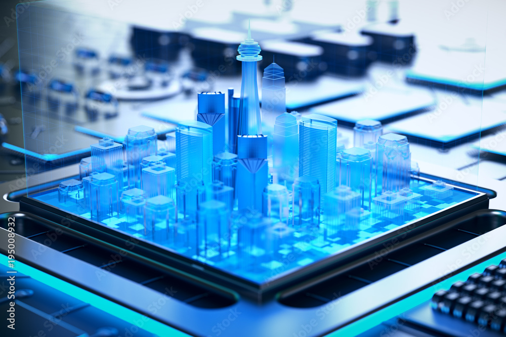 Fototapeta premium 3d illustration of futuristic micro chip city. Computer science information technology background. Sci fi megalopolis.