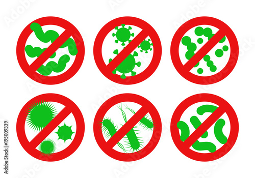 Antibacterial sign. Stop bacteria red alert circle with germs. Vector illustration for your design.