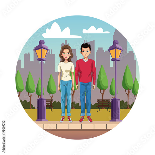 Young couple cartoon in the city round icon vector illustration graphic design