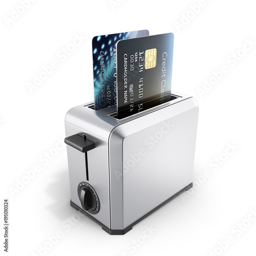 Modern concept of fast loans and payments Credit cards in the toaster isolated on white background 3d render photo