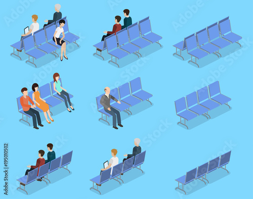 Isometric 3D vector illustration set collection of people sitting on a bench and waiting for reception