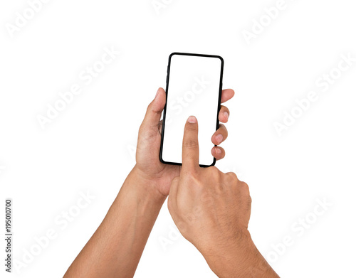 Hand holding cellphone and finger touching on white screen