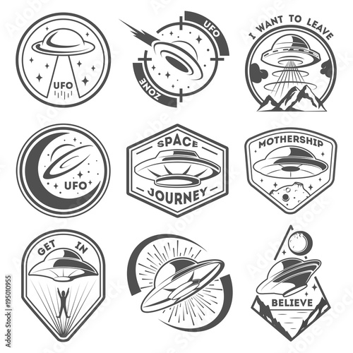 Alien spaceship, spacecrafts and ufo emblems set. Cosmic ship in form saucer for transportation. Monochrome UFO badges set