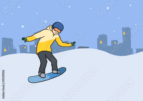 A young man with snowboard in motion. Snowboarding, extreme winter sport, active recreation. Vector Illustration, isolated on white background.