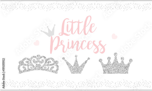 Pink text Little Princess on white background with lace. Cute silver glitter texture. Grey gloss effect. Birthday party and girl baby shower decor.