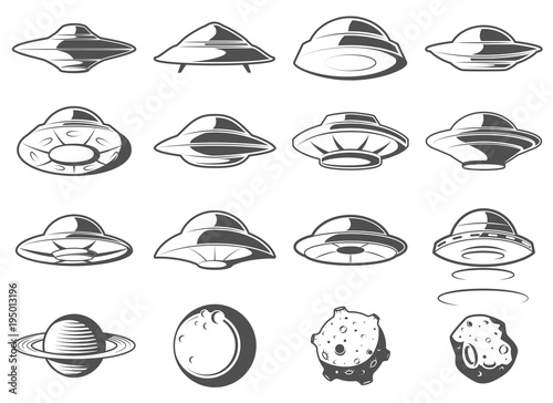 Alien spaceship, spacecrafts and ufo set. Cosmic ship in form saucer for transportation. Monochrome UFO Elements Set