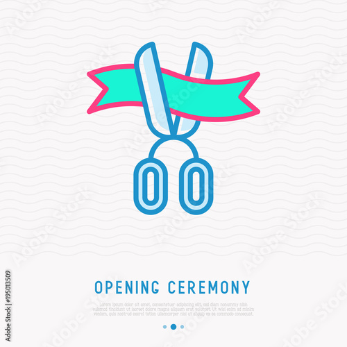 Opening ceremony symbol: scissors cutting ribbon thin line icon. Modern vector illustration.