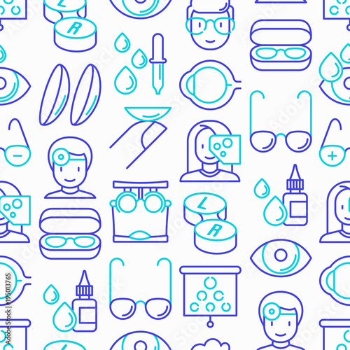 Ophthalmologist seamless pattern with thin line icons: glasses, eyeball, vision exam, lenses, eyedropper, spectacle case. Modern vector illustration.