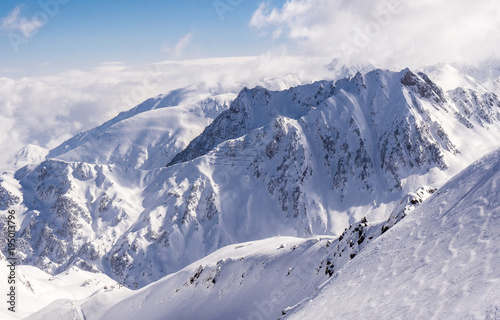Winter mountains panorama with ski slopes, Bareges, Pyrennees, France