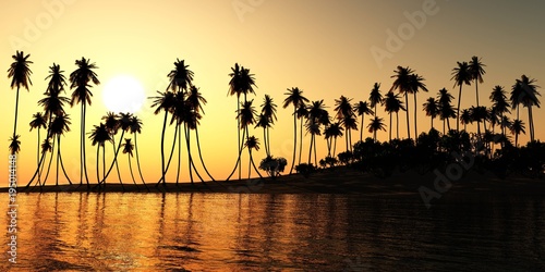 sea sunset over palm trees beach  3D rendering  