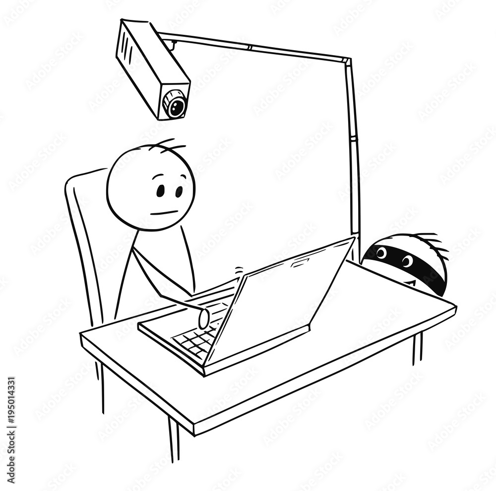 Cartoon stick man drawing conceptual illustration of businessman working on  notebook computer while hacker is stealing his identity access password  using camera. Business concept of network and Stock Vector | Adobe Stock