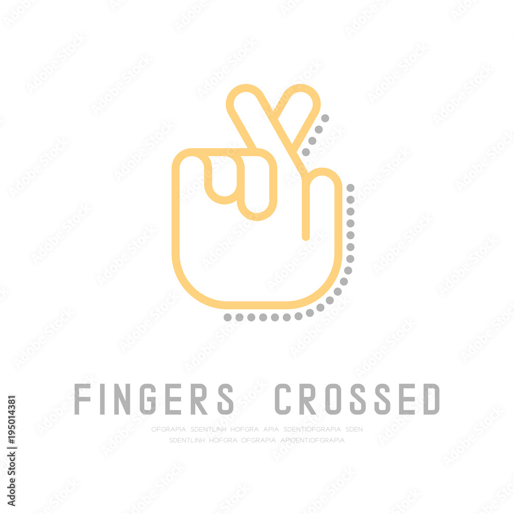 Lie or Keep finger crossed Hand with dot shadow logo icon, sign language concept outline stroke flat design yellow and grey color illustration isolated on white background with copy space, vector