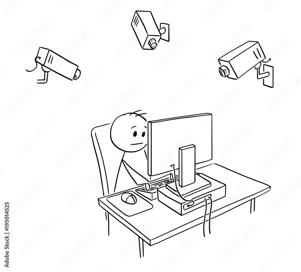 Cartoon stick man drawing conceptual illustration of businessman employee  working on computer while is controlled or monitored using cameras by  employer or manager. Business concept of control and Stock Vector | Adobe