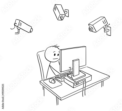 Cartoon stick man drawing conceptual illustration of businessman employee working on computer while is controlled or monitored using cameras by employer or manager. Business concept of control and