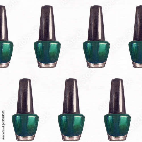 Raster seamless beauty pattern with hand drawn teal nail polish bottles on white textured paper background.