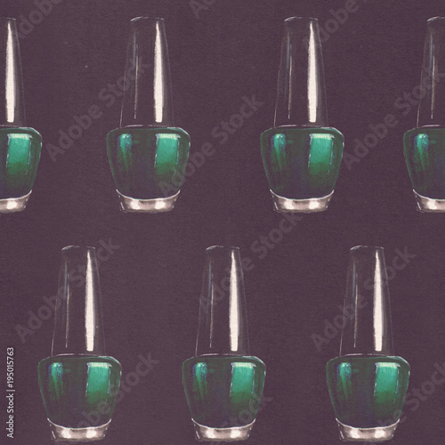 Raster seamless beauty pattern with hand drawn teal nail polish bottles on black paper background