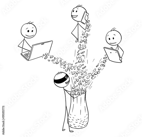 Cartoon stick man drawing conceptual illustration of hacker stealing money or mining illegally cryptocurrency from computer, tablet and smart phone. Concept of internet, network security.
