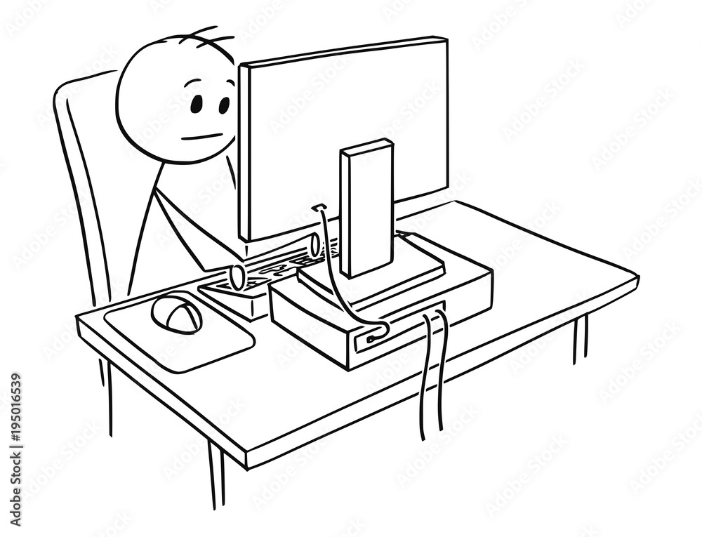 Cartoon stick man drawing conceptual illustration of businessman working on  desktop computer. Stock Vector | Adobe Stock