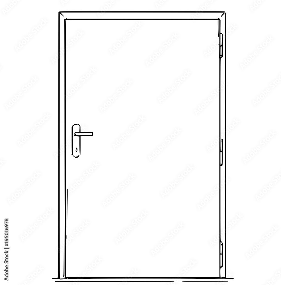 Cartoon stick man drawing conceptual illustration of closed modern door. Business concept of decision and challenge. Cartoon stick man drawing conceptual illustration of closed modern door. Business concept of decision and challenge.