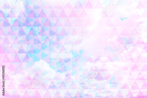 Beautiful, geometric background with futuristic triangles and natural clouds, trendy, cosmic design.