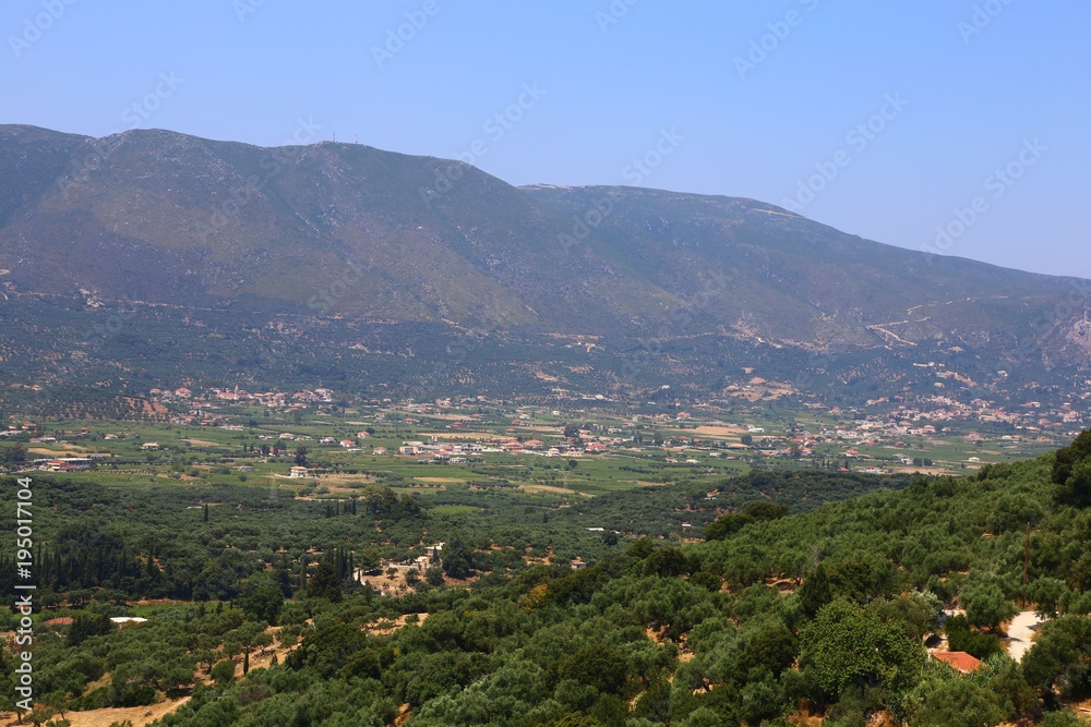 mountainous Greek landscape panorama of a village in the mountains