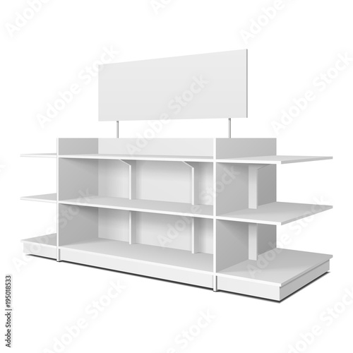 Blank Empty Showcase Displays With Retail Shelves, Trading Rack. Mock Up, Template. Illustration Isolated On White Background. Ready For Your Design. Product Advertising. Vector EPS10.