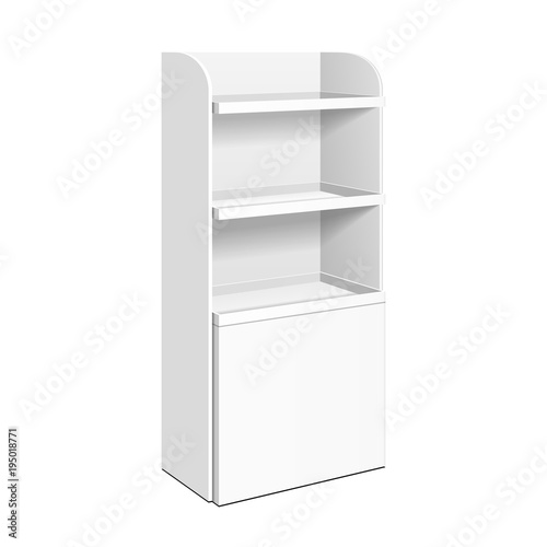 Cardboard Retail Shelves Floor Display Rack For Supermarket Blank Empty. Mock Up. 3D On White Background Isolated. Ready For Your Design. Product Advertising. Vector EPS10