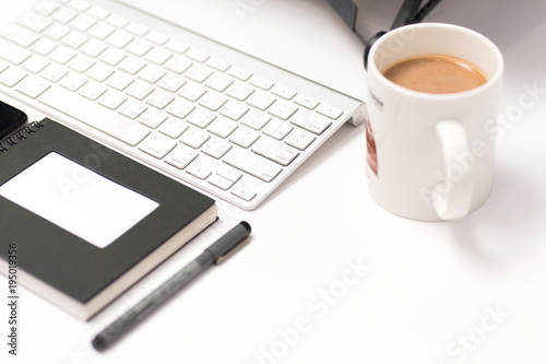 Keyboard, ,coffee, pen, notebook, notepad