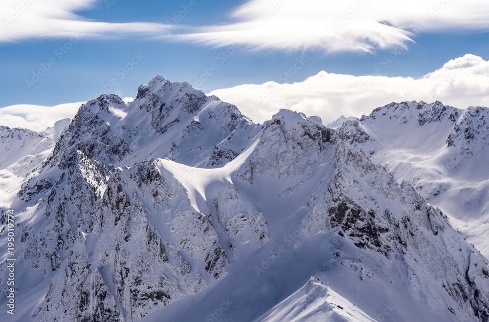 Fototapeta premium Winter mountains panorama with ski slopes, Bareges, Pyrennees, France