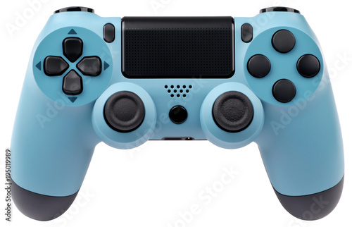 Light blue gaming controller isolated on white background.