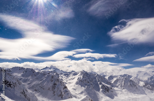 Winter mountains panorama with ski slopes, Bareges, Pyrennees, France photo