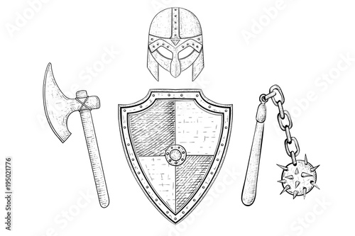 Viking armor set - helmet, shield, flail and axe. Hand drawn sketch