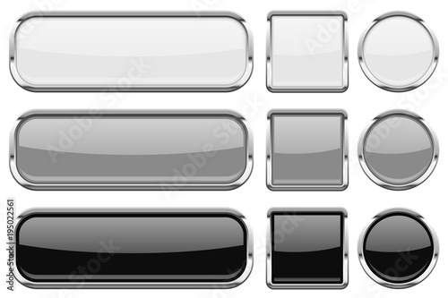 Glass buttons with chrome frame. Set of shiny 3d web icons