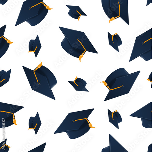 Graduation cap on white background. Seamless pattern.