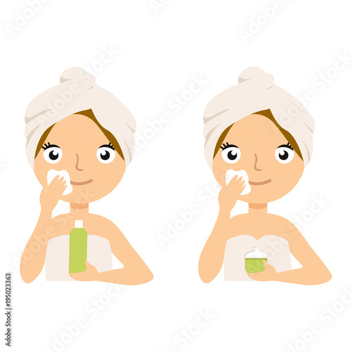 Lovely girl applying moisturizer cream face and smiling. Photo of girl receiving spa treatments set