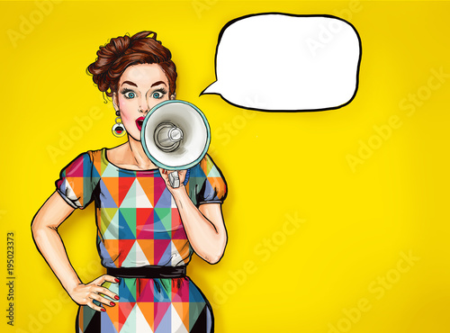 Pop art girl with megaphone. Woman with loudspeaker. Advertising poster with lady announcing discount or sale. 