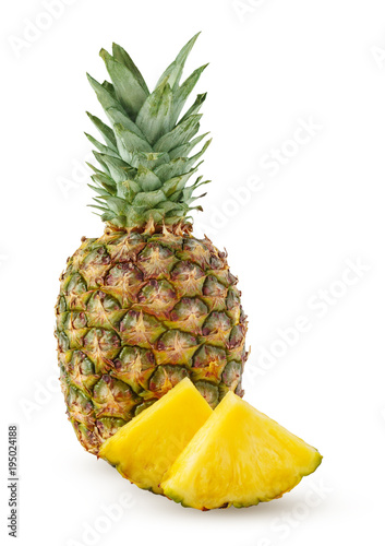 Whole and two slices of ananas isolated on a white background