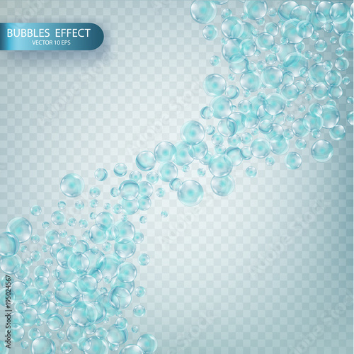 Water bubbles isolated on a transparent checkered background. Fizzy sparkles in aquarium, champagne, soda drink. Iridescent soap bubbles with reflex and reflection, realistic vector effect