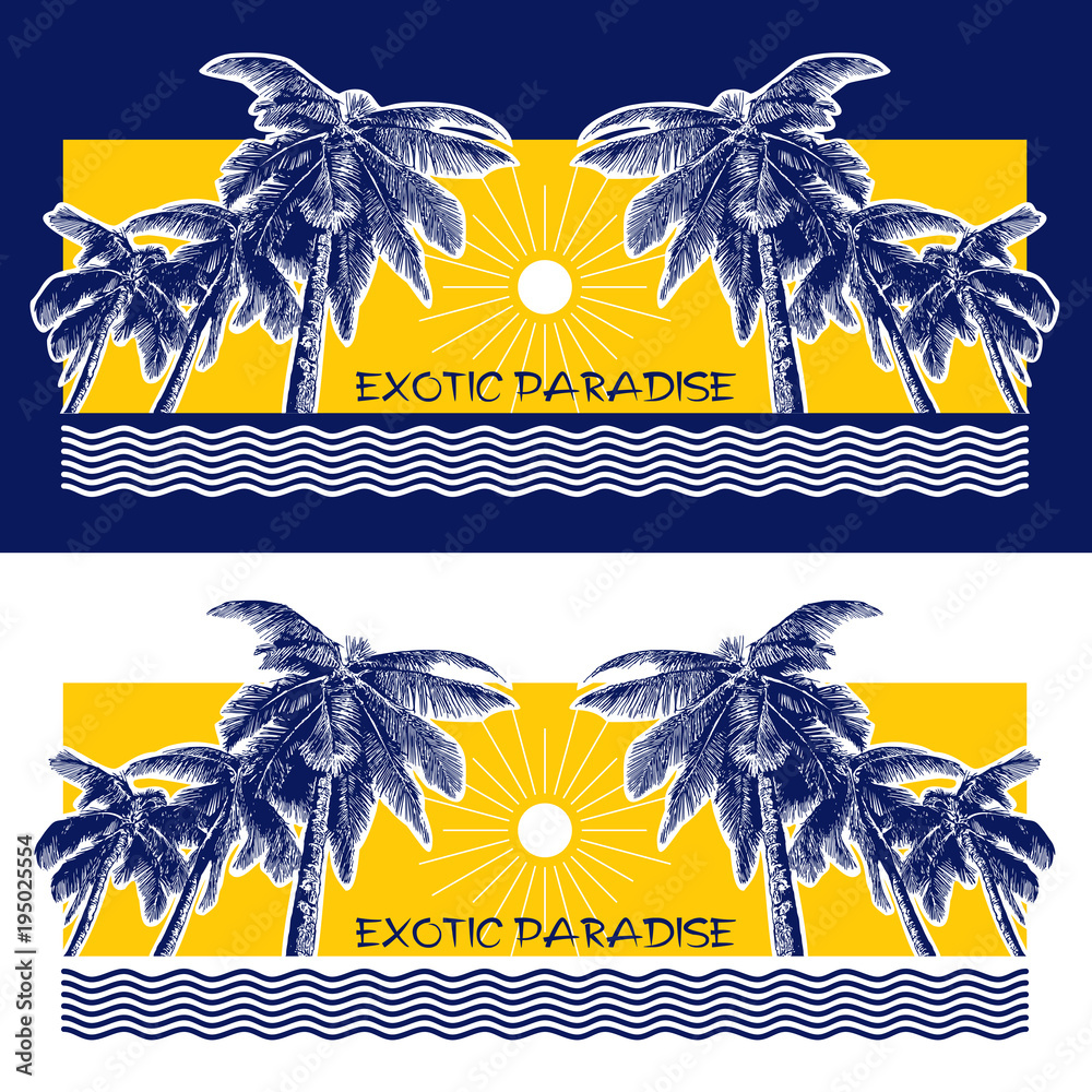 Obraz premium Palm trees, sun and waves of water. Realistic blue silhouettes isolated on yellow background. Vector illustration, template for travel, summer, vacation concept.