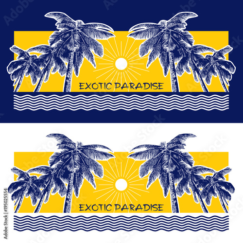 Palm trees, sun and waves of water. 
Realistic blue silhouettes isolated on yellow background. Vector illustration, template for travel,  summer, vacation concept.