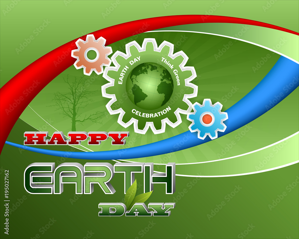 Celebration, design, background with 3d texts, gear and Earth globe for Earth day, event celebration; Vector illustration Celebration, design, background with 3d texts, gear and Earth globe for Earth day, event celebration; Vector illustration