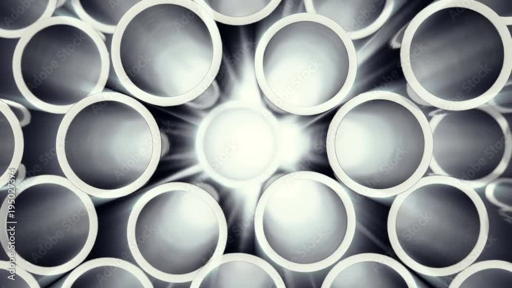 Metal pipes stacked. Heap of shiny metal steel pipes with selective focus effect. 3D animation 4k Metal pipes stacked. Heap of shiny metal steel pipes with selective focus effect. 3D animation 4k