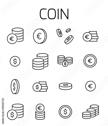 Coin related vector icon set.