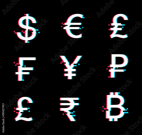 Currency vector icon set in glitch style