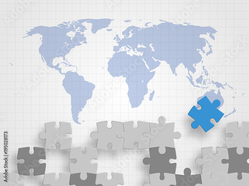 Pieces of jigsaw on world map represents concept of teamwork, creative thinking, global connection and innovation. Technology Background. Vector illustration.